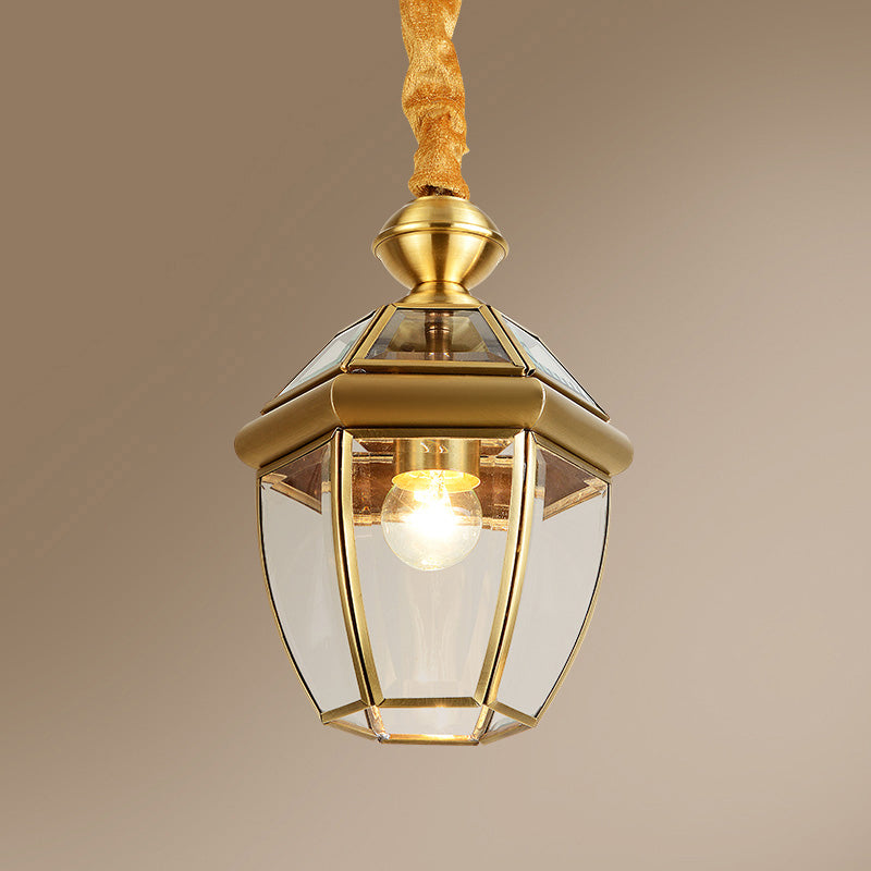 Hexagonal Clear Glass Lantern Pendant Retro 1-Light Foyer Hanging Lamp Kit in Gold Clearhalo 'Ceiling Lights' 'Pendant Lights' 'Pendants' Lighting' 2462687