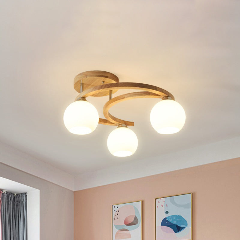 Crescent Semi Flush Light Nordic Wooden Bedroom Ceiling Lamp with Dome Milk Glass Shade Clearhalo 'Carpenter Chandeliers' 'Ceiling Lights' 'Chandeliers' 'Industrial' 'Modern Chandeliers' 'Modern' 'Semi-flushmount' Lighting' 2462697