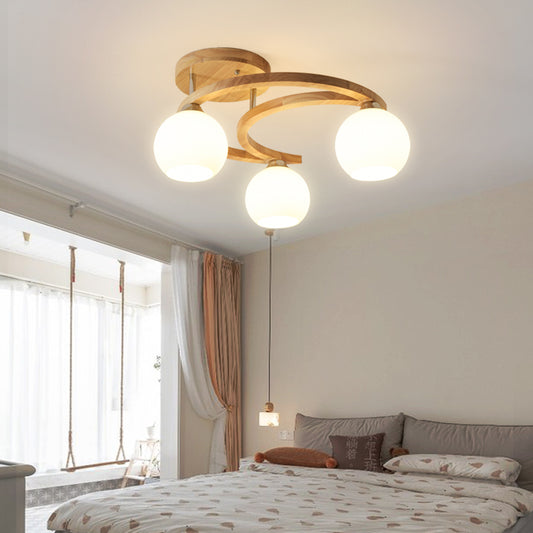 Crescent Semi Flush Light Nordic Wooden Bedroom Ceiling Lamp with Dome Milk Glass Shade 3 Wood Clearhalo 'Carpenter Chandeliers' 'Ceiling Lights' 'Chandeliers' 'Industrial' 'Modern Chandeliers' 'Modern' 'Semi-flushmount' Lighting' 2462698