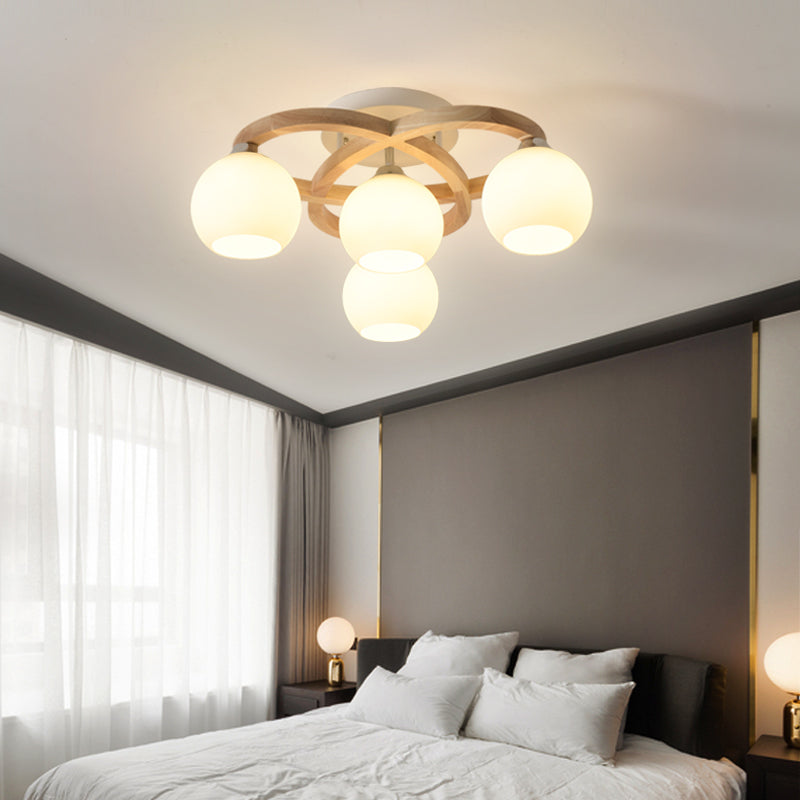 Crescent Semi Flush Light Nordic Wooden Bedroom Ceiling Lamp with Dome Milk Glass Shade 4 Wood Clearhalo 'Carpenter Chandeliers' 'Ceiling Lights' 'Chandeliers' 'Industrial' 'Modern Chandeliers' 'Modern' 'Semi-flushmount' Lighting' 2462699