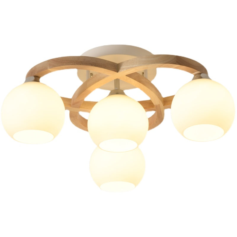 Crescent Semi Flush Light Nordic Wooden Bedroom Ceiling Lamp with Dome Milk Glass Shade Clearhalo 'Carpenter Chandeliers' 'Ceiling Lights' 'Chandeliers' 'Industrial' 'Modern Chandeliers' 'Modern' 'Semi-flushmount' Lighting' 2462701
