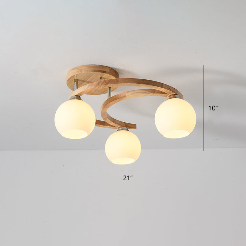 Crescent Semi Flush Light Nordic Wooden Bedroom Ceiling Lamp with Dome Milk Glass Shade Clearhalo 'Carpenter Chandeliers' 'Ceiling Lights' 'Chandeliers' 'Industrial' 'Modern Chandeliers' 'Modern' 'Semi-flushmount' Lighting' 2462702