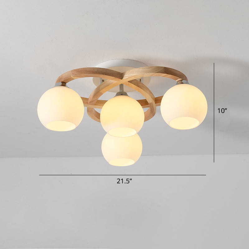 Crescent Semi Flush Light Nordic Wooden Bedroom Ceiling Lamp with Dome Milk Glass Shade Clearhalo 'Carpenter Chandeliers' 'Ceiling Lights' 'Chandeliers' 'Industrial' 'Modern Chandeliers' 'Modern' 'Semi-flushmount' Lighting' 2462703