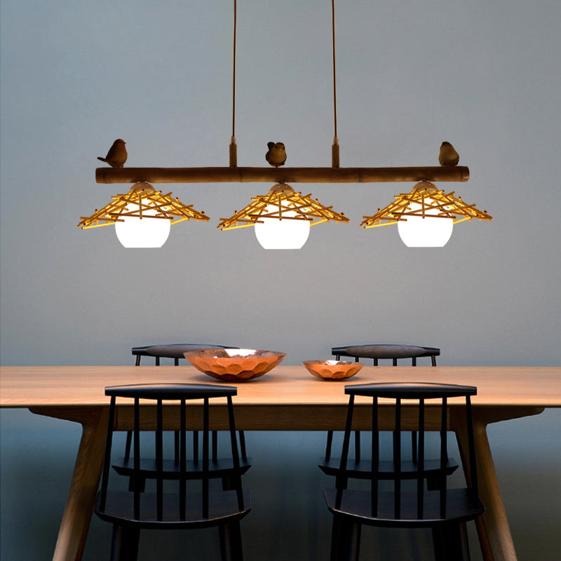 Cottage Conical Island Light Bamboo Pendant Lighting in Wood with Dome White Glass Shade Clearhalo 'Ceiling Lights' 'Island Lights' Lighting' 2462723