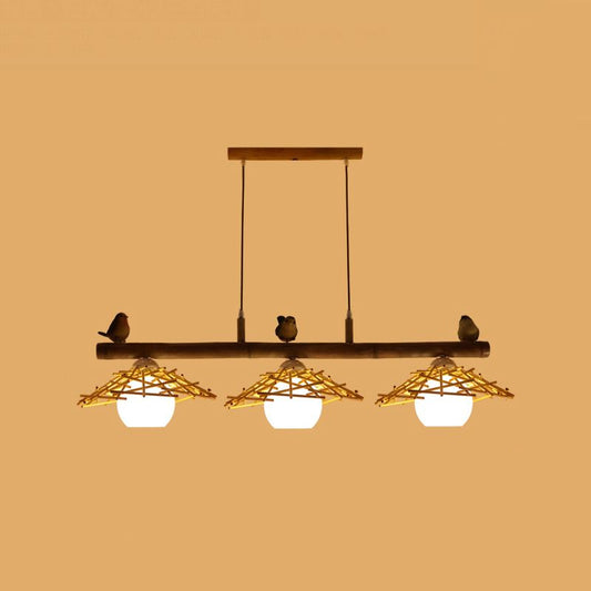 Cottage Conical Island Light Bamboo Pendant Lighting in Wood with Dome White Glass Shade 3 Wood Clearhalo 'Ceiling Lights' 'Island Lights' Lighting' 2462725