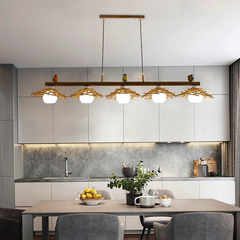 Cottage Conical Island Light Bamboo Pendant Lighting in Wood with Dome White Glass Shade Clearhalo 'Ceiling Lights' 'Island Lights' Lighting' 2462726