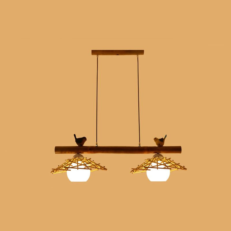 Cottage Conical Island Light Bamboo Pendant Lighting in Wood with Dome White Glass Shade 2 Wood Clearhalo 'Ceiling Lights' 'Island Lights' Lighting' 2462727