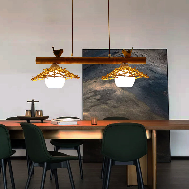 Cottage Conical Island Light Bamboo Pendant Lighting in Wood with Dome White Glass Shade Clearhalo 'Ceiling Lights' 'Island Lights' Lighting' 2462728