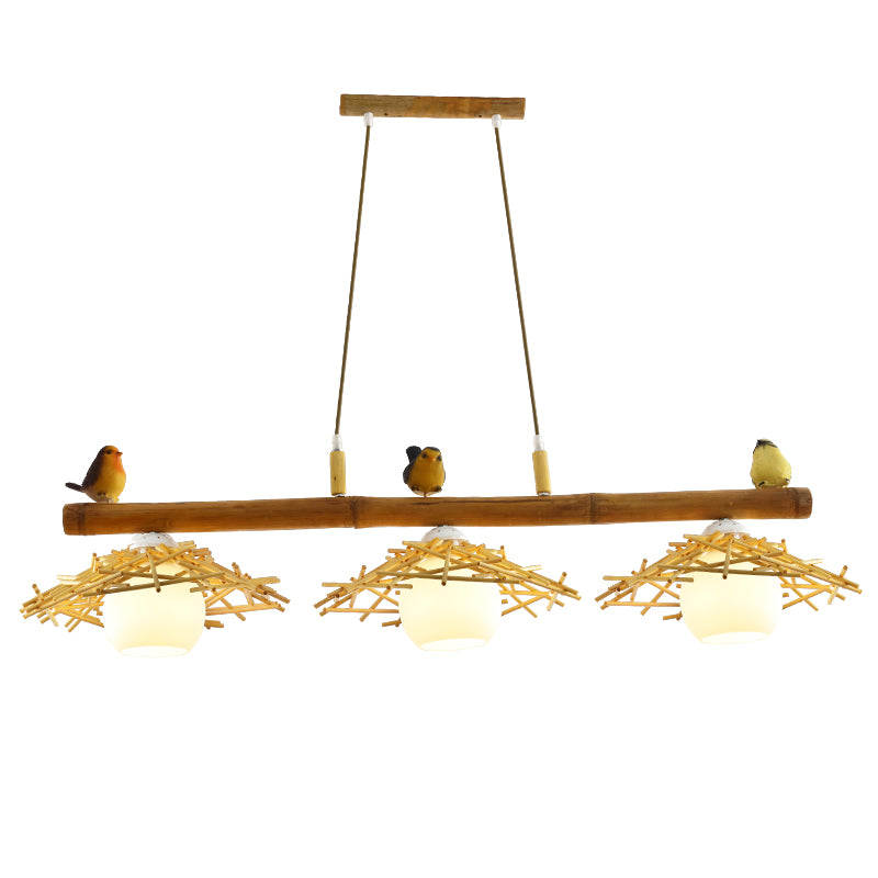 Cottage Conical Island Light Bamboo Pendant Lighting in Wood with Dome White Glass Shade Clearhalo 'Ceiling Lights' 'Island Lights' Lighting' 2462729