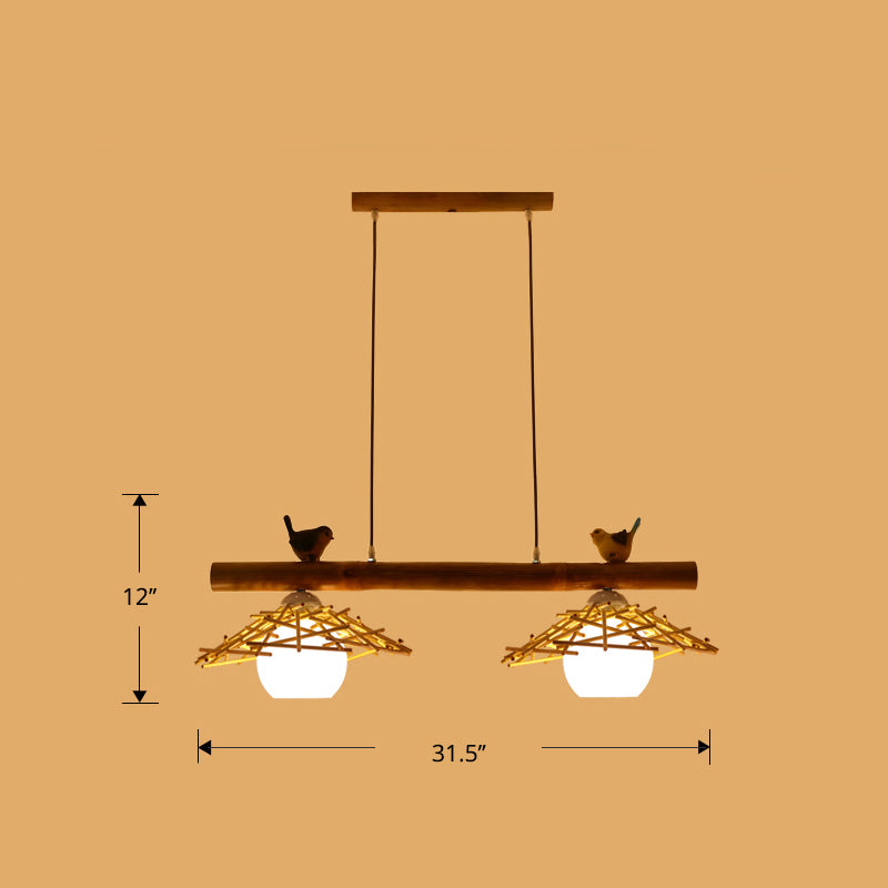 Cottage Conical Island Light Bamboo Pendant Lighting in Wood with Dome White Glass Shade Clearhalo 'Ceiling Lights' 'Island Lights' Lighting' 2462731