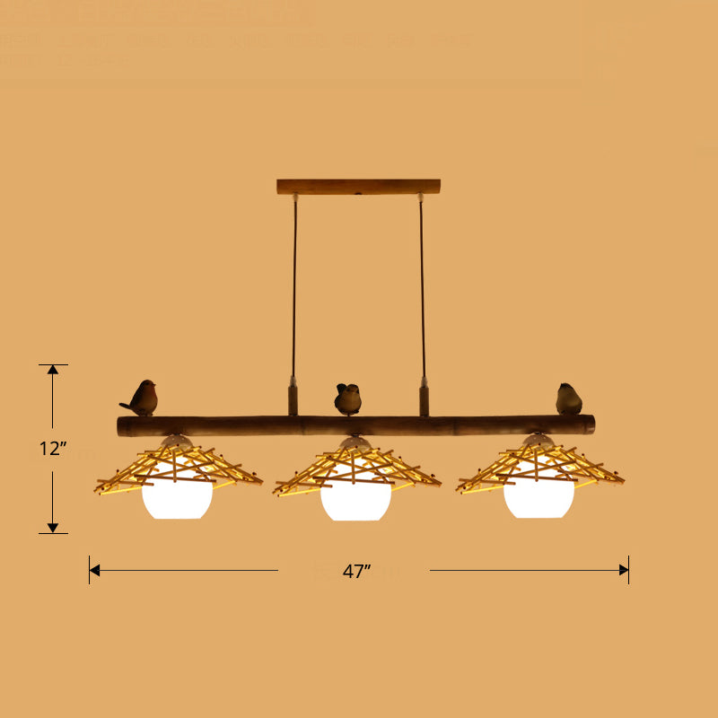 Cottage Conical Island Light Bamboo Pendant Lighting in Wood with Dome White Glass Shade Clearhalo 'Ceiling Lights' 'Island Lights' Lighting' 2462732