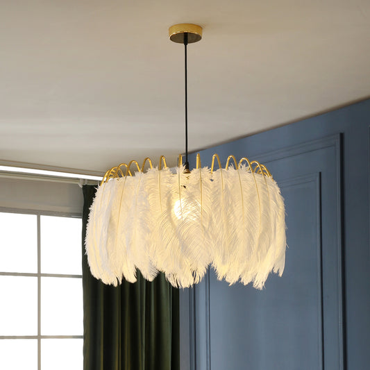 Goose Feather Round Pendant Lamp Nordic 1-Bulb White Suspended Lighting Fixture for Bedroom Clearhalo 'Ceiling Lights' 'Modern Pendants' 'Modern' 'Pendant Lights' 'Pendants' Lighting' 2462776