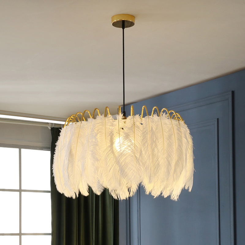 Goose Feather Round Pendant Lamp Nordic 1-Bulb White Suspended Lighting Fixture for Bedroom White Feather Clearhalo 'Ceiling Lights' 'Modern Pendants' 'Modern' 'Pendant Lights' 'Pendants' Lighting' 2462777