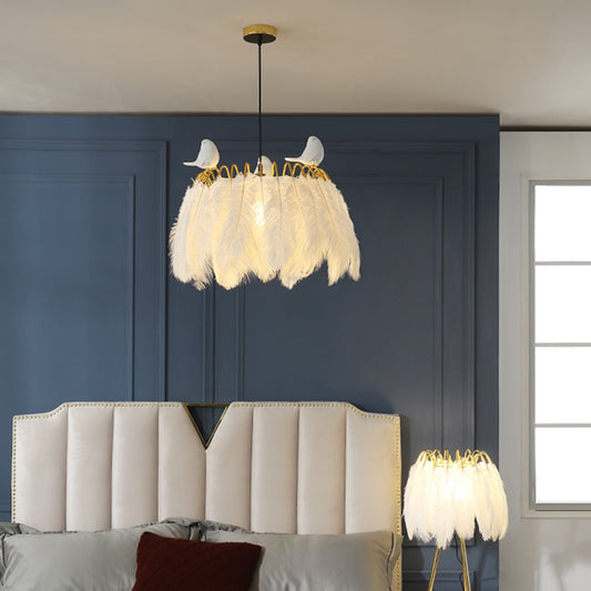 Goose Feather Round Pendant Lamp Nordic 1-Bulb White Suspended Lighting Fixture for Bedroom White Bird Clearhalo 'Ceiling Lights' 'Modern Pendants' 'Modern' 'Pendant Lights' 'Pendants' Lighting' 2462778