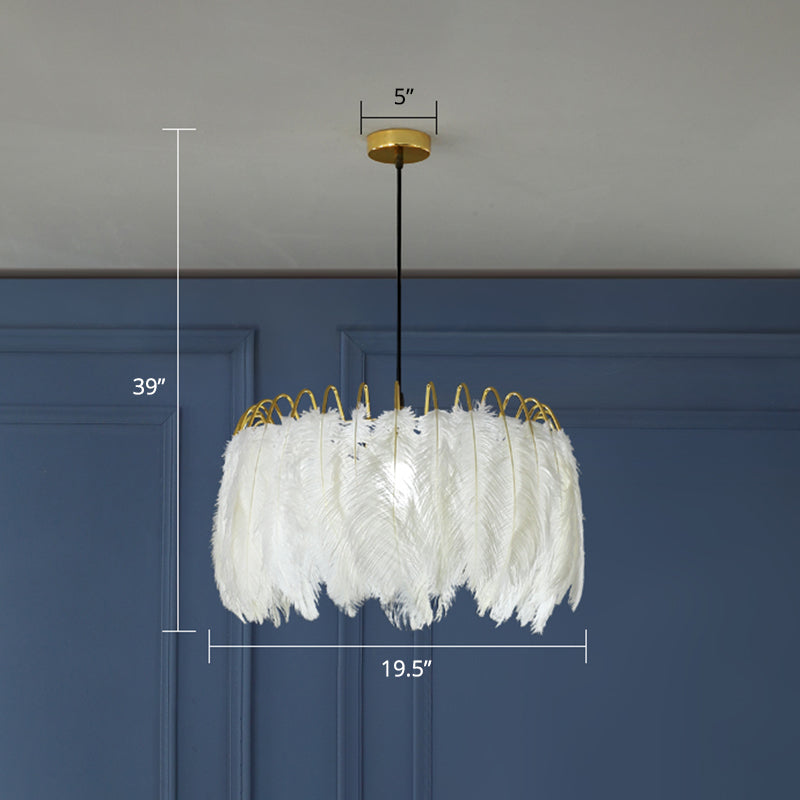 Goose Feather Round Pendant Lamp Nordic 1-Bulb White Suspended Lighting Fixture for Bedroom Clearhalo 'Ceiling Lights' 'Modern Pendants' 'Modern' 'Pendant Lights' 'Pendants' Lighting' 2462780
