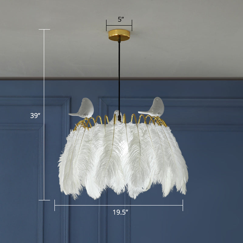 Goose Feather Round Pendant Lamp Nordic 1-Bulb White Suspended Lighting Fixture for Bedroom Clearhalo 'Ceiling Lights' 'Modern Pendants' 'Modern' 'Pendant Lights' 'Pendants' Lighting' 2462781