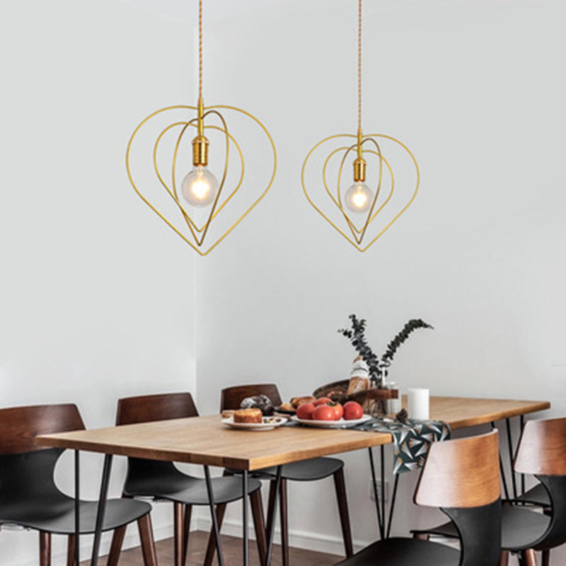 Nordic Caging Pendant Light Fixture 1-Light Metal Ceiling Suspension Lamp in Gold Gold Loving Heart Clearhalo 'Art Deco Pendants' 'Cast Iron' 'Ceiling Lights' 'Ceramic' 'Crystal' 'Industrial Pendants' 'Industrial' 'Metal' 'Middle Century Pendants' 'Pendant Lights' 'Pendants' 'Tiffany' Lighting' 2462784