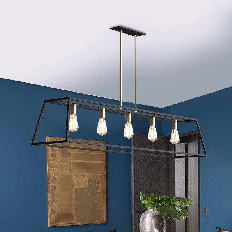 5 Bulbs Metal Island Light Fixture Industrial Black Trapezoid Dining Room Ceiling Suspension Lamp Clearhalo 'Ceiling Lights' 'Island Lights' Lighting' 2462845