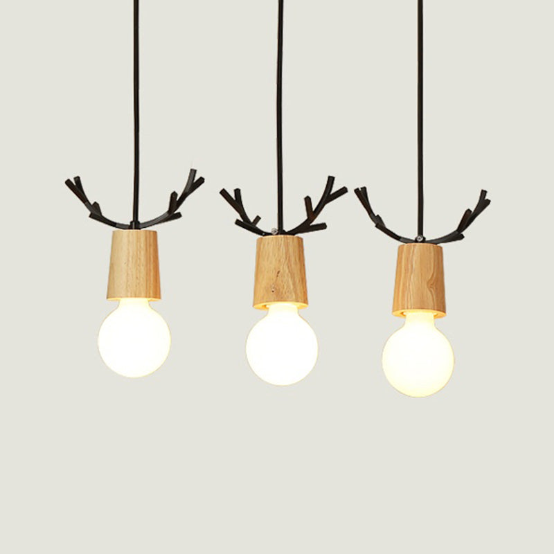 Nordic Antler Multiple Hanging Light Wooden 3-Light Restaurant Ceiling Pendant with Open Bulb Design Clearhalo 'Ceiling Lights' 'Modern Pendants' 'Modern' 'Pendant Lights' 'Pendants' Lighting' 2462865