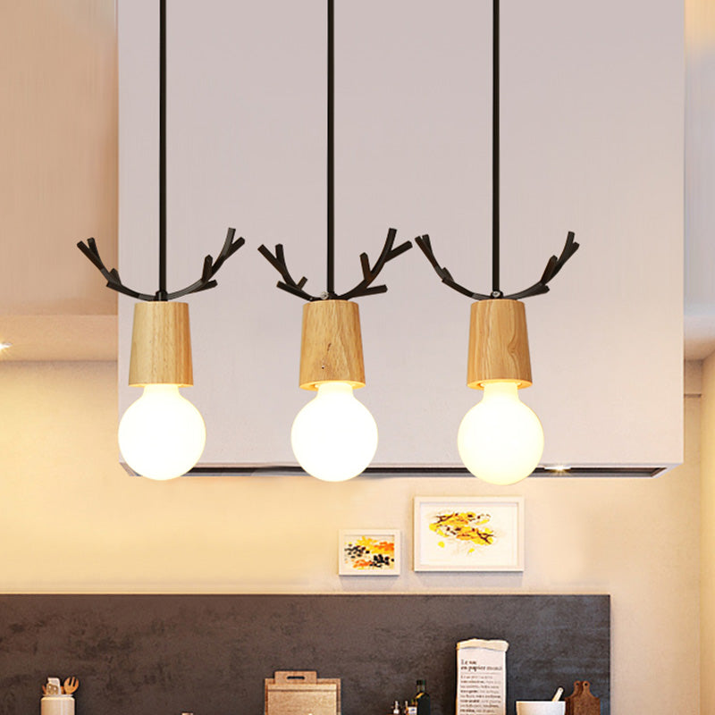 Nordic Antler Multiple Hanging Light Wooden 3-Light Restaurant Ceiling Pendant with Open Bulb Design Clearhalo 'Ceiling Lights' 'Modern Pendants' 'Modern' 'Pendant Lights' 'Pendants' Lighting' 2462866