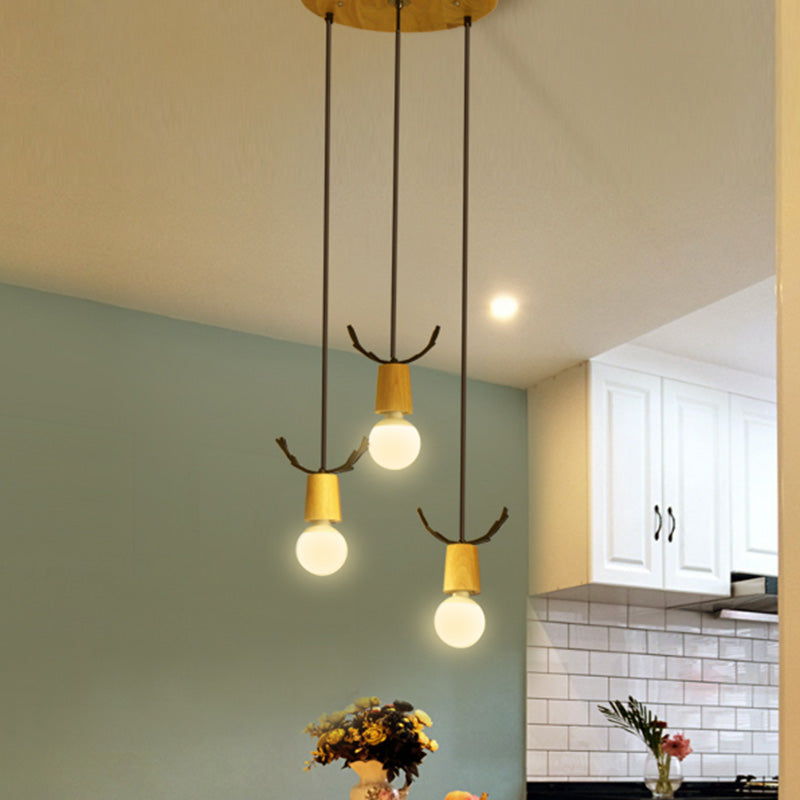 Nordic Antler Multiple Hanging Light Wooden 3-Light Restaurant Ceiling Pendant with Open Bulb Design Wood Round Clearhalo 'Ceiling Lights' 'Modern Pendants' 'Modern' 'Pendant Lights' 'Pendants' Lighting' 2462867