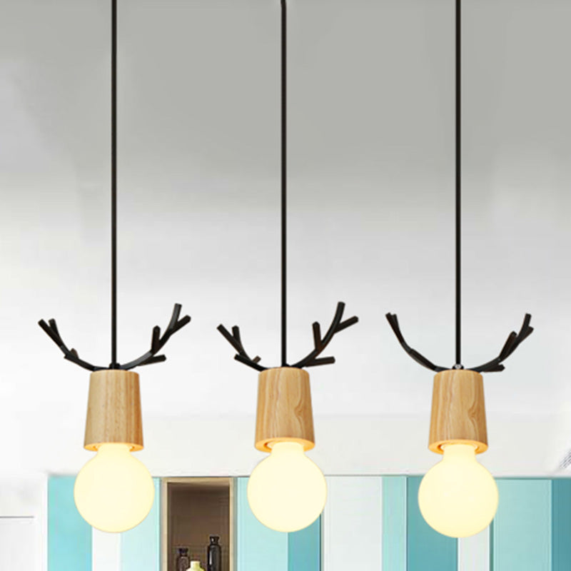 Nordic Antler Multiple Hanging Light Wooden 3-Light Restaurant Ceiling Pendant with Open Bulb Design Clearhalo 'Ceiling Lights' 'Modern Pendants' 'Modern' 'Pendant Lights' 'Pendants' Lighting' 2462868