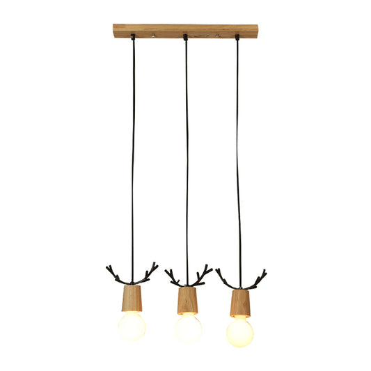 Nordic Antler Multiple Hanging Light Wooden 3-Light Restaurant Ceiling Pendant with Open Bulb Design Wood Linear Clearhalo 'Ceiling Lights' 'Modern Pendants' 'Modern' 'Pendant Lights' 'Pendants' Lighting' 2462869