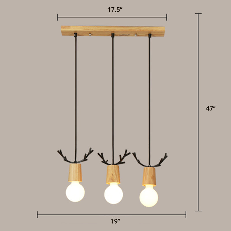 Nordic Antler Multiple Hanging Light Wooden 3-Light Restaurant Ceiling Pendant with Open Bulb Design Clearhalo 'Ceiling Lights' 'Modern Pendants' 'Modern' 'Pendant Lights' 'Pendants' Lighting' 2462870