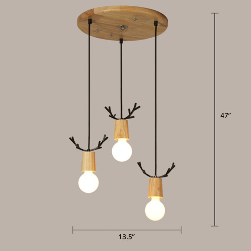Nordic Antler Multiple Hanging Light Wooden 3-Light Restaurant Ceiling Pendant with Open Bulb Design Clearhalo 'Ceiling Lights' 'Modern Pendants' 'Modern' 'Pendant Lights' 'Pendants' Lighting' 2462871