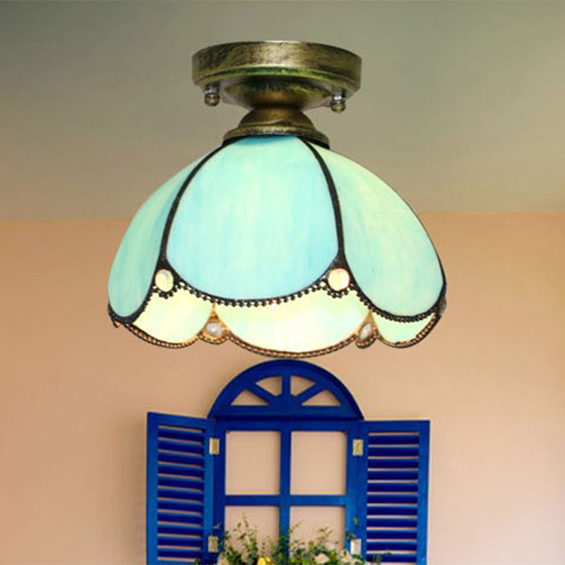 Scalloped Stained Glass Flushmount Tiffany Single-Bulb Flush Mount Ceiling Light for Corridor Blue Clearhalo 'Ceiling Lights' 'Close To Ceiling Lights' 'Close to ceiling' 'Flush mount' Lighting' 2462963