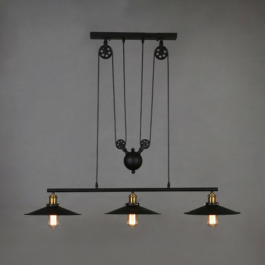 Black 3-Head Pulley Pendant Industrial Metal Flying Saucer Hanging Ceiling Light for Bar Clearhalo 'Ceiling Lights' 'Island Lights' Lighting' 2462974