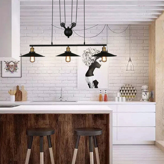 Black 3-Head Pulley Pendant Industrial Metal Flying Saucer Hanging Ceiling Light for Bar Clearhalo 'Ceiling Lights' 'Island Lights' Lighting' 2462975