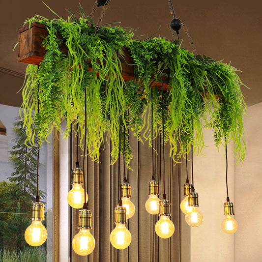 10 Bulbs Island Light Industrial Bare Bulb Metal Hanging Light with Faux Fern Deco in Green Clearhalo 'Ceiling Lights' 'Island Lights' Lighting' 2462976
