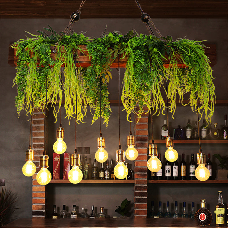 10 Bulbs Island Light Industrial Bare Bulb Metal Hanging Light with Faux Fern Deco in Green Clearhalo 'Ceiling Lights' 'Island Lights' Lighting' 2462977