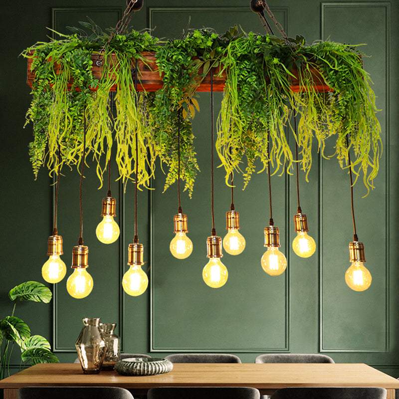 10 Bulbs Island Light Industrial Bare Bulb Metal Hanging Light with Faux Fern Deco in Green Clearhalo 'Ceiling Lights' 'Island Lights' Lighting' 2462978