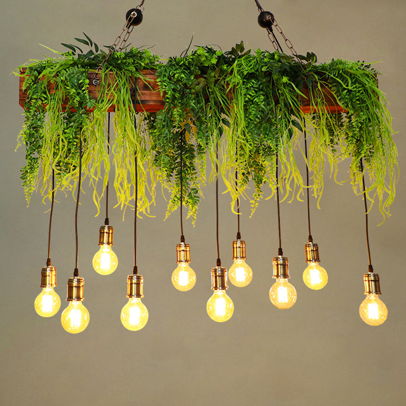 10 Bulbs Island Light Industrial Bare Bulb Metal Hanging Light with Faux Fern Deco in Green Clearhalo 'Ceiling Lights' 'Island Lights' Lighting' 2462979