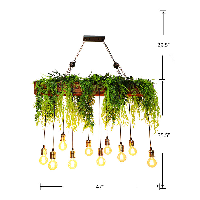 10 Bulbs Island Light Industrial Bare Bulb Metal Hanging Light with Faux Fern Deco in Green Clearhalo 'Ceiling Lights' 'Island Lights' Lighting' 2462980