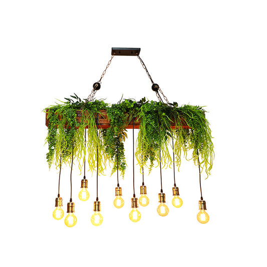 10 Bulbs Island Light Industrial Bare Bulb Metal Hanging Light with Faux Fern Deco in Green Green Clearhalo 'Ceiling Lights' 'Island Lights' Lighting' 2462981