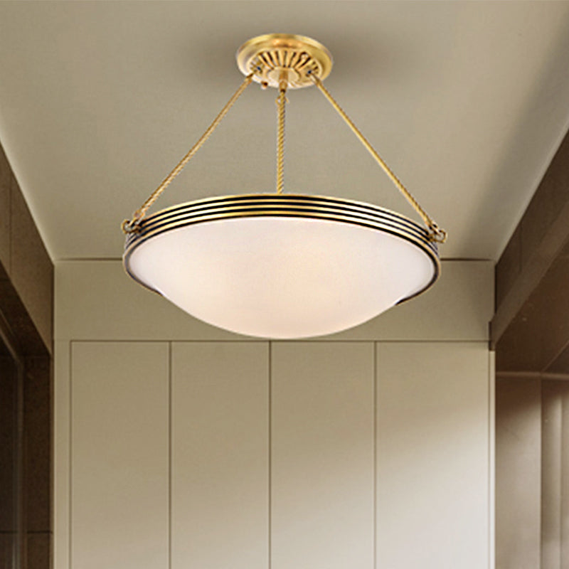 4-Light Opal Glass Hanging Chandelier Traditional Brass Bowl Living Room Pendant Light Fixture, 15"/19" Wide Clearhalo 'Ceiling Lights' 'Chandeliers' 'Glass shade' 'Glass' Lighting' 246299