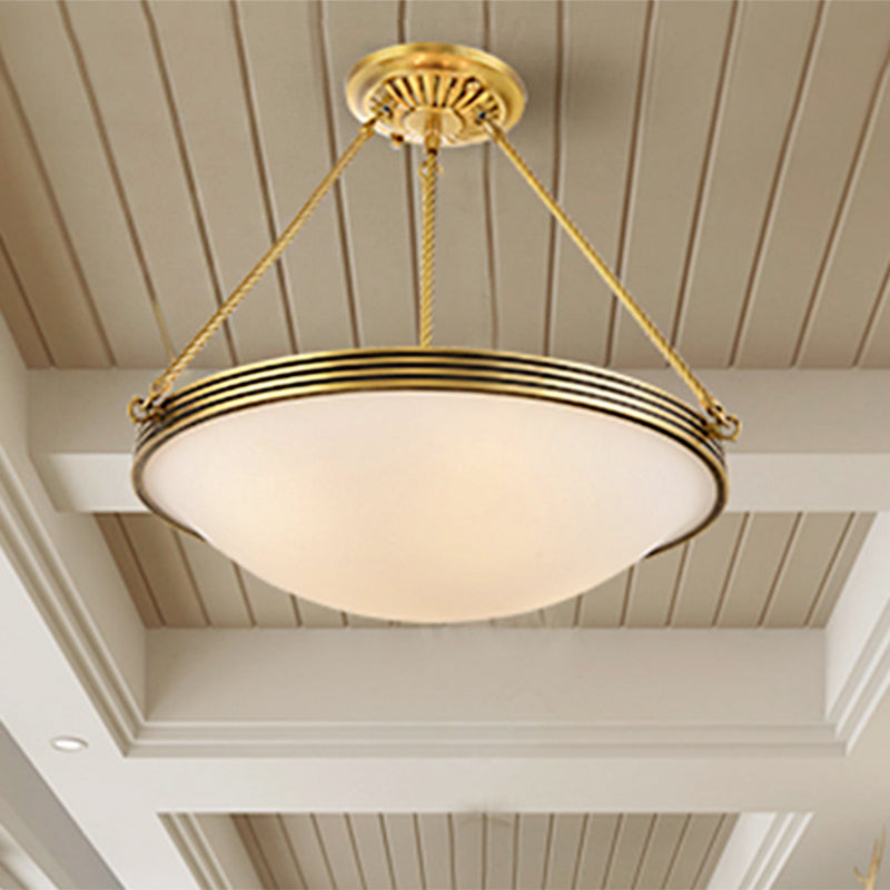 4-Light Opal Glass Hanging Chandelier Traditional Brass Bowl Living Room Pendant Light Fixture, 15"/19" Wide Clearhalo 'Ceiling Lights' 'Chandeliers' 'Glass shade' 'Glass' Lighting' 246300