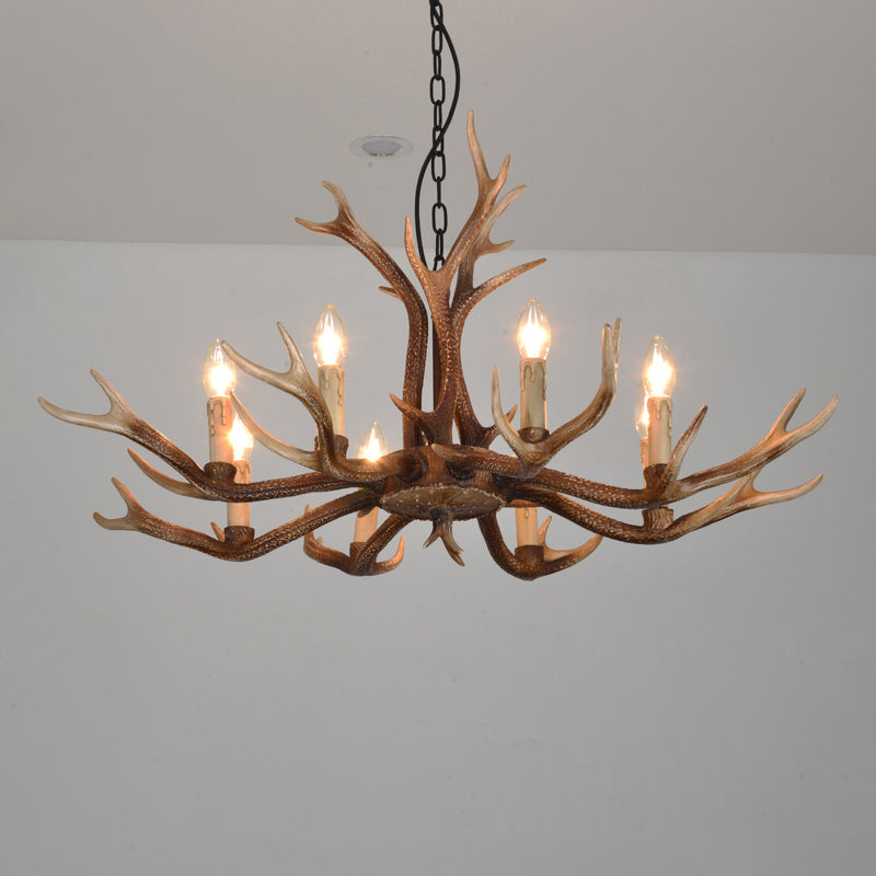 Antler Shaped Living Room Chandelier Countryside Resin Suspended Lighting Fixture 8 Coffee Clearhalo 'Ceiling Lights' 'Chandeliers' Lighting' 2463058