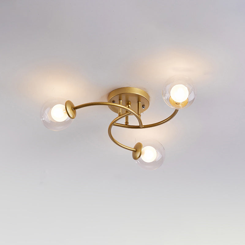 Swirled Metal Semi Flush Light Post-Modern Close to Ceiling Light with Ball Glass Shade 3 Gold Clear Clearhalo 'Ceiling Lights' 'Close To Ceiling Lights' 'Close to ceiling' 'Semi-flushmount' Lighting' 2463080