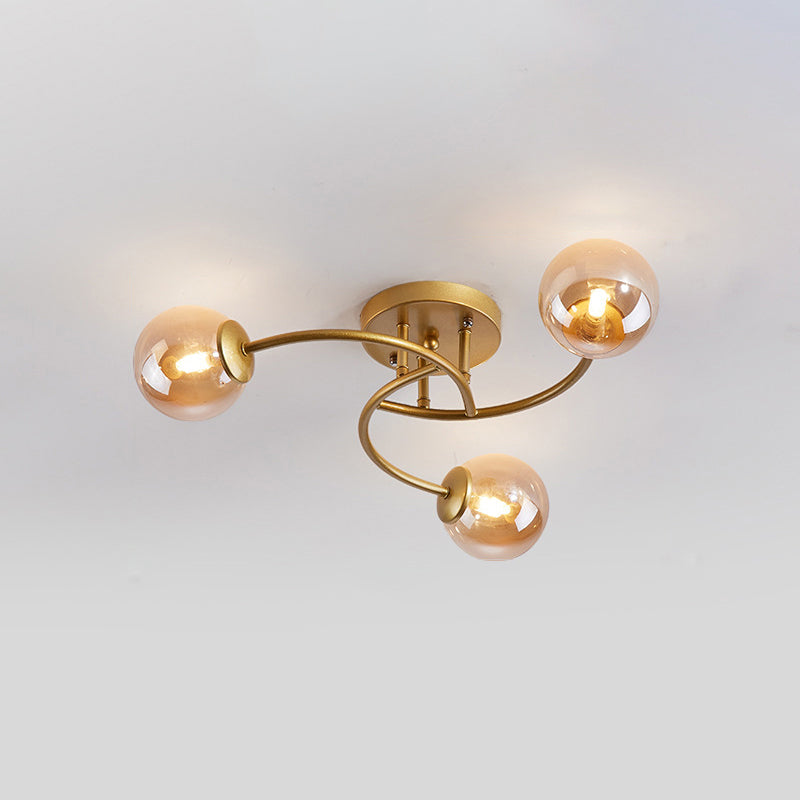 Swirled Metal Semi Flush Light Post-Modern Close to Ceiling Light with Ball Glass Shade 3 Gold Cognac Clearhalo 'Ceiling Lights' 'Close To Ceiling Lights' 'Close to ceiling' 'Semi-flushmount' Lighting' 2463081