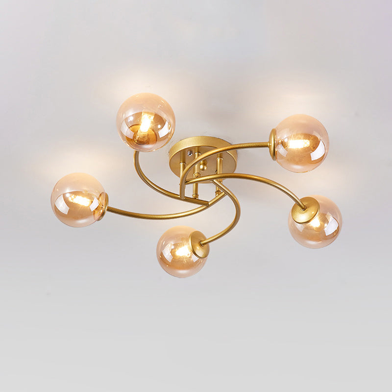 Swirled Metal Semi Flush Light Post-Modern Close to Ceiling Light with Ball Glass Shade 5 Gold Cognac Clearhalo 'Ceiling Lights' 'Close To Ceiling Lights' 'Close to ceiling' 'Semi-flushmount' Lighting' 2463088