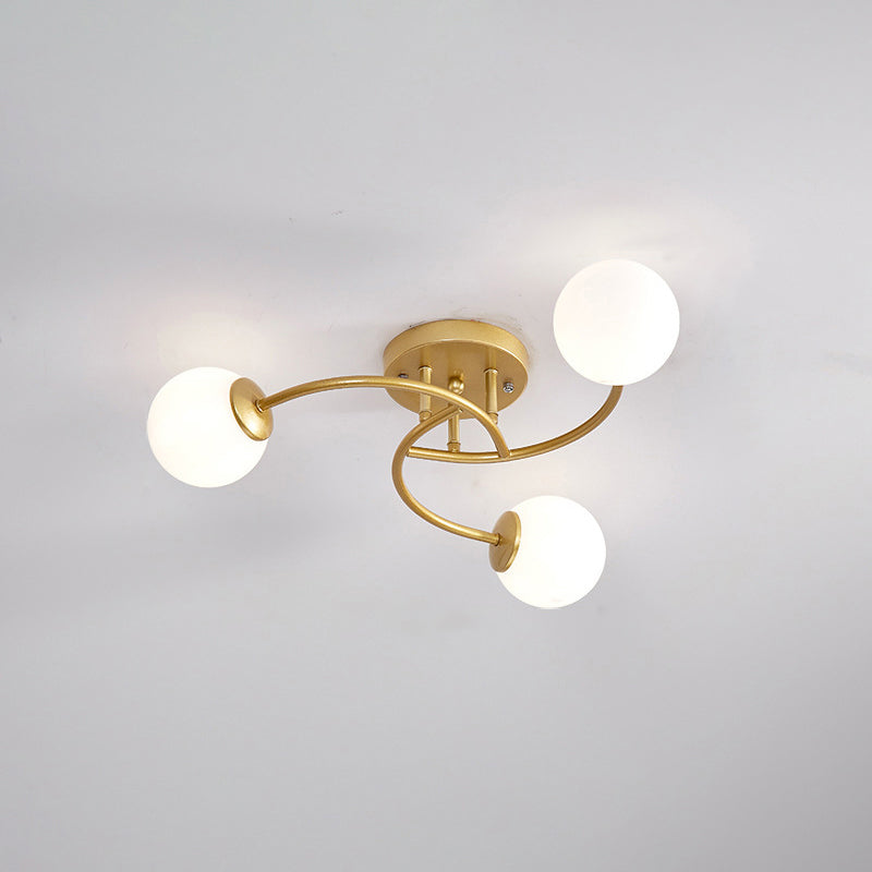 Swirled Metal Semi Flush Light Post-Modern Close to Ceiling Light with Ball Glass Shade 3 Gold Milk White Clearhalo 'Ceiling Lights' 'Close To Ceiling Lights' 'Close to ceiling' 'Semi-flushmount' Lighting' 2463090