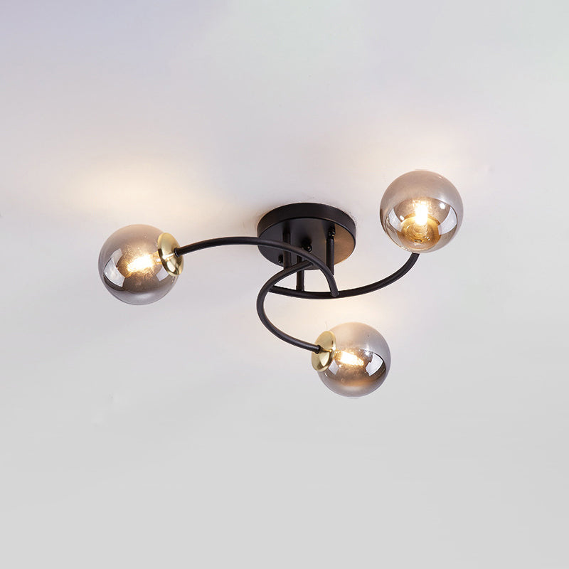 Swirled Metal Semi Flush Light Post-Modern Close to Ceiling Light with Ball Glass Shade 3 Black Smoke Grey Clearhalo 'Ceiling Lights' 'Close To Ceiling Lights' 'Close to ceiling' 'Semi-flushmount' Lighting' 2463092