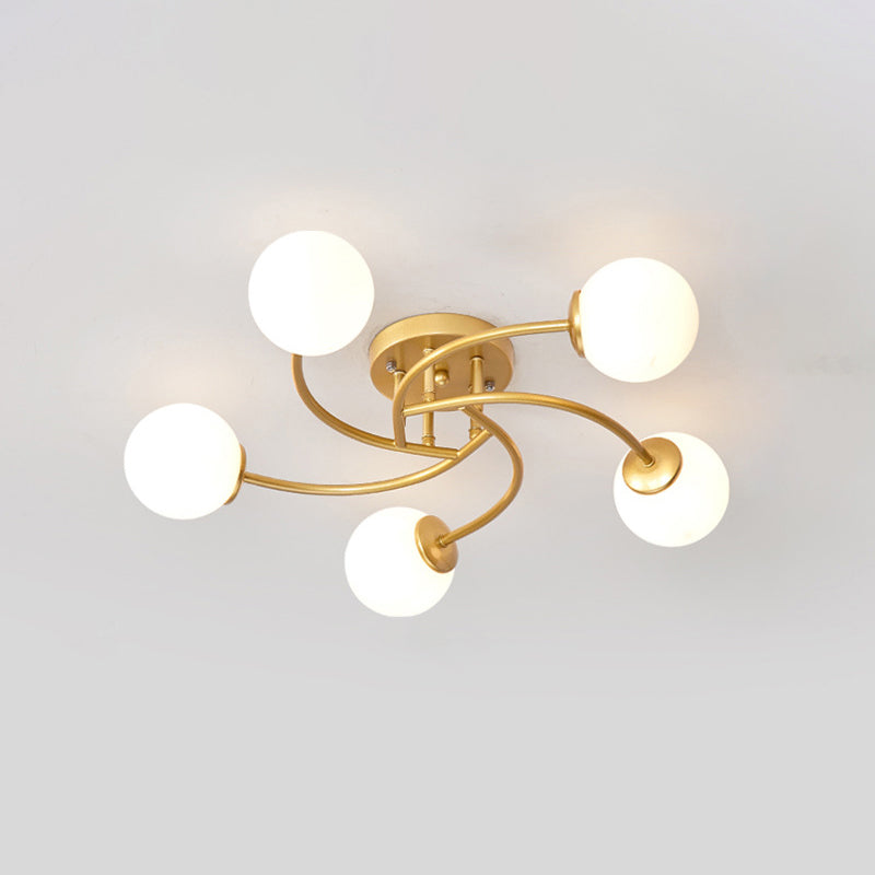Swirled Metal Semi Flush Light Post-Modern Close to Ceiling Light with Ball Glass Shade 5 Gold Milk White Clearhalo 'Ceiling Lights' 'Close To Ceiling Lights' 'Close to ceiling' 'Semi-flushmount' Lighting' 2463094