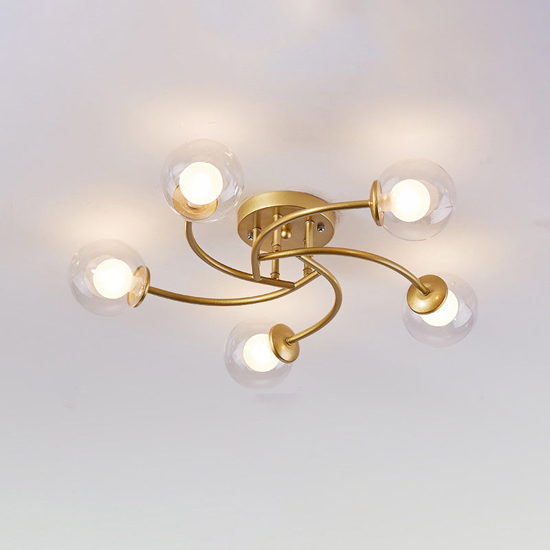 Swirled Metal Semi Flush Light Post-Modern Close to Ceiling Light with Ball Glass Shade 5 Gold Clear Clearhalo 'Ceiling Lights' 'Close To Ceiling Lights' 'Close to ceiling' 'Semi-flushmount' Lighting' 2463099
