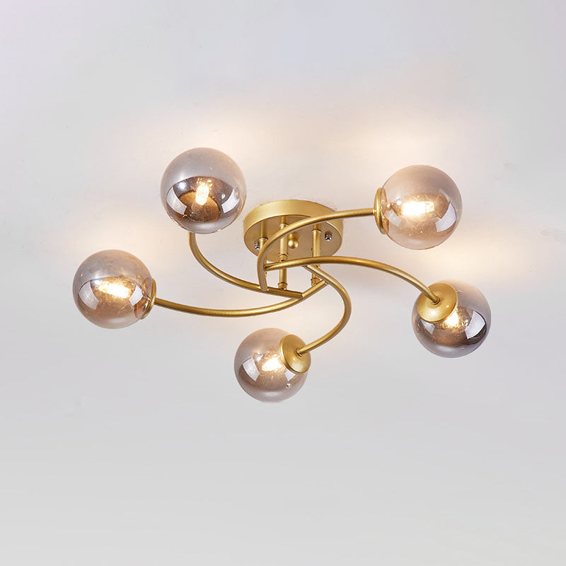 Swirled Metal Semi Flush Light Post-Modern Close to Ceiling Light with Ball Glass Shade 5 Gold Smoke Grey Clearhalo 'Ceiling Lights' 'Close To Ceiling Lights' 'Close to ceiling' 'Semi-flushmount' Lighting' 2463101