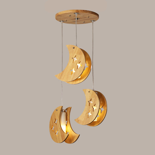 Hollowed-out Wooden Pendant Lamp Nordic Beige Suspended Lighting Fixture for Dining Room 3 Wood Moon Clearhalo 'Ceiling Lights' 'Modern Pendants' 'Modern' 'Pendant Lights' 'Pendants' Lighting' 2463136